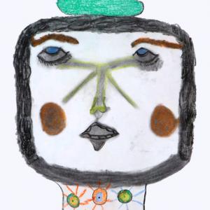 A drawing of a face wearing a small green hat. The neck on the face is filled in with colourful circles and the cheeks are represented in round brown circles. 