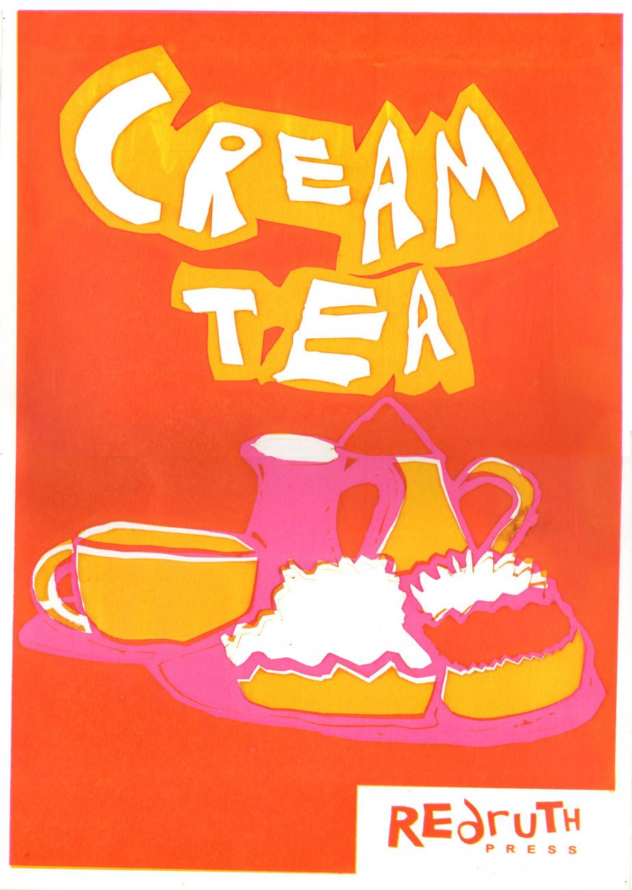 Orange poster that says 'cream tea'