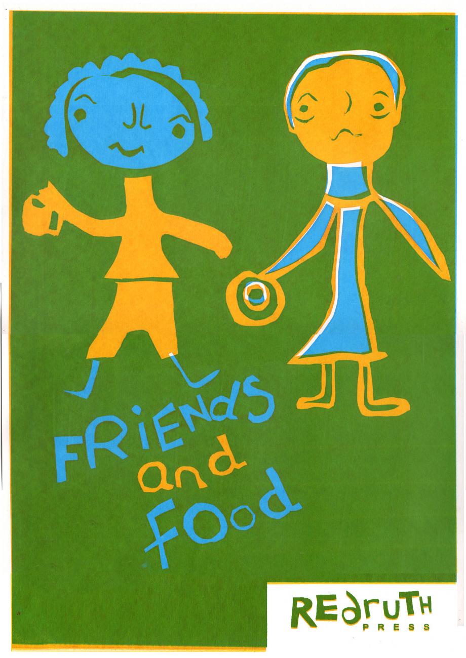 green poster that says "friends and food"