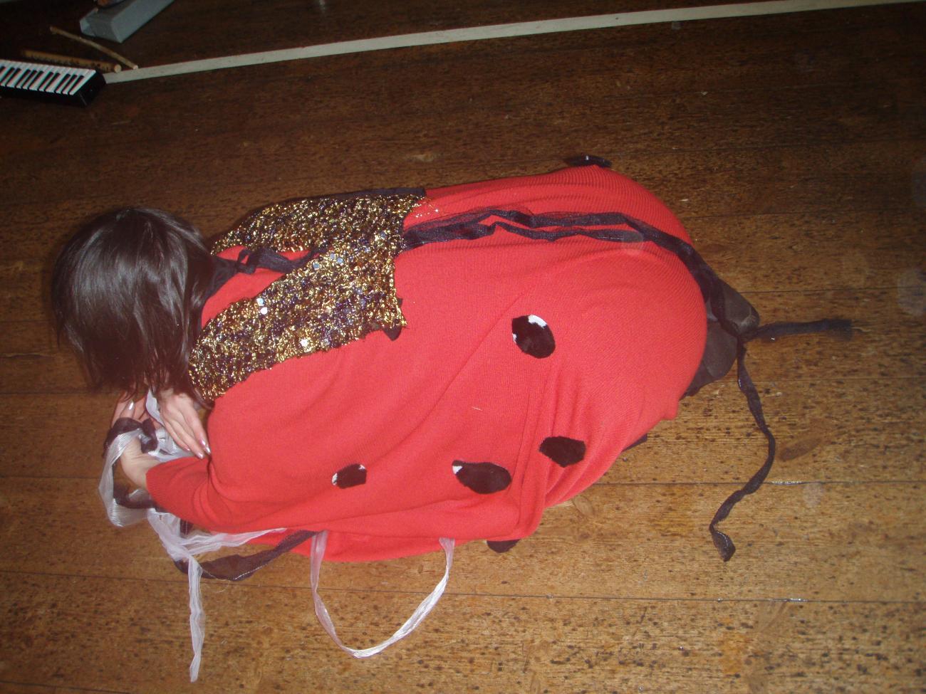 a person dressed as a ladybird crouched on the ground in a bug like pose