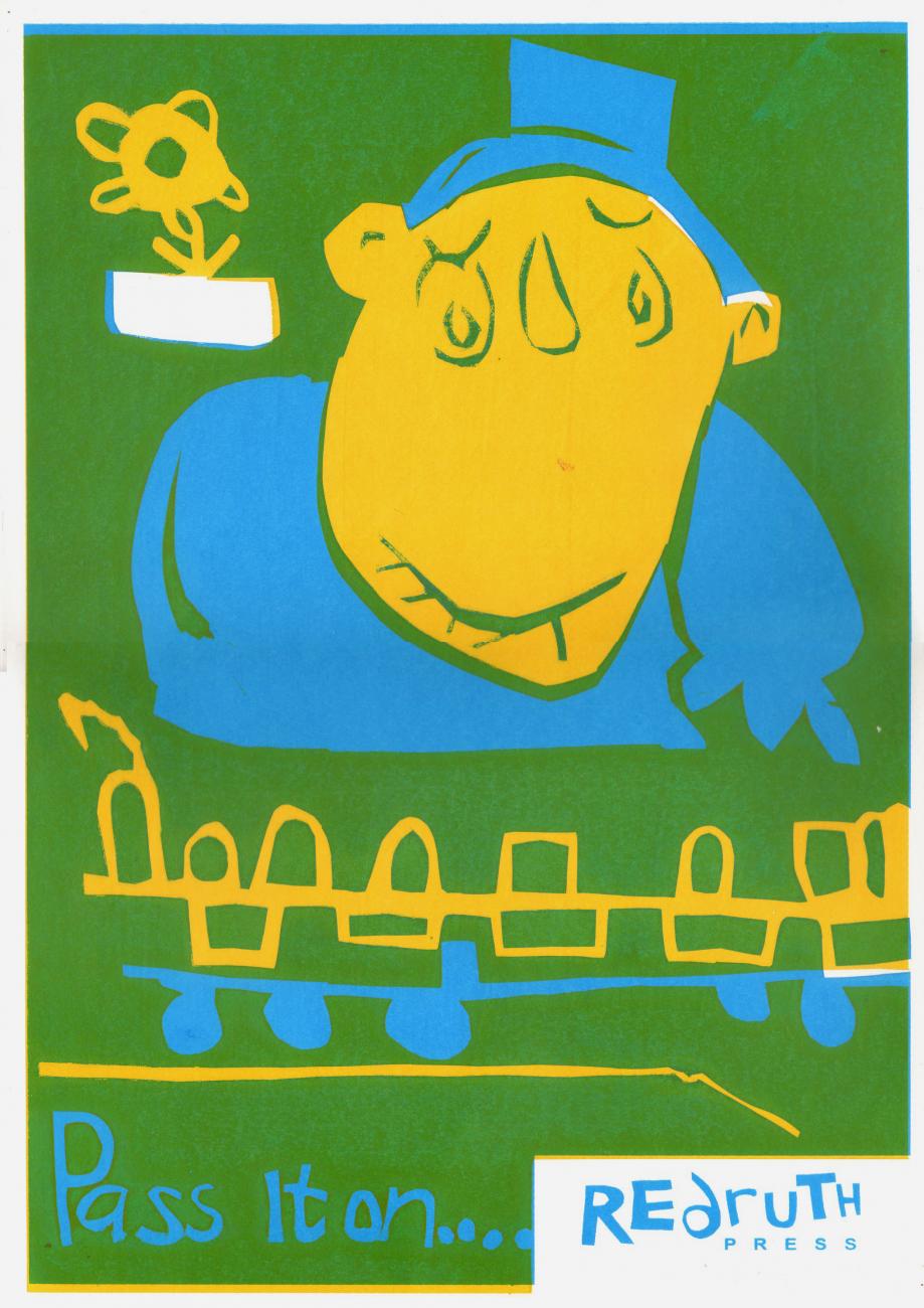 green poster with a yellow face 