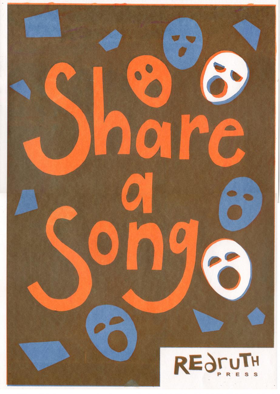 brown and orange poster that says "share a song"
